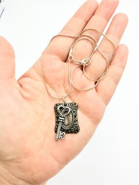 Vintage Key & Keyhole Pendant Necklace on Silver-Plated Snake Chain